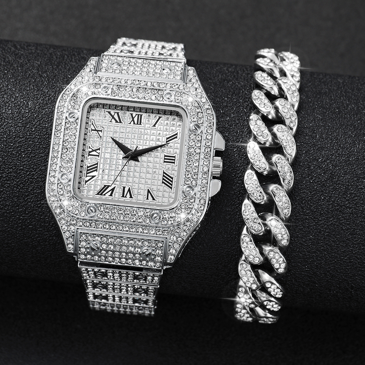 2PCS Iced Out Square Watch & C - Luxury Watch Uk avaliação e preço