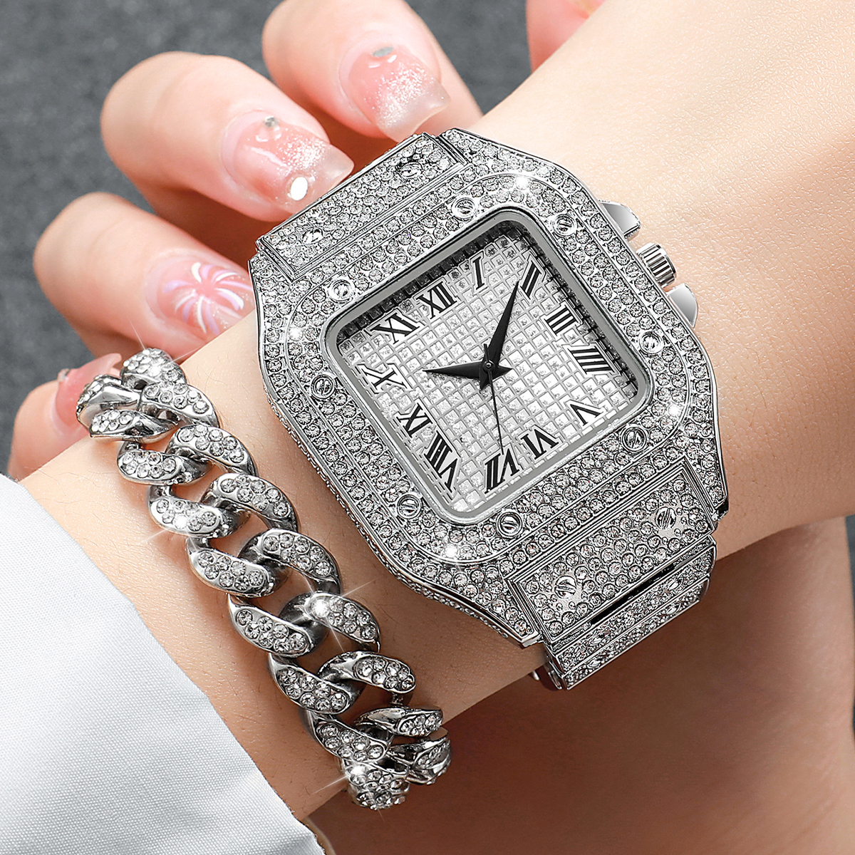 2PCS Iced Out Square Watch & C - Luxury Watch Uk avaliação e preço