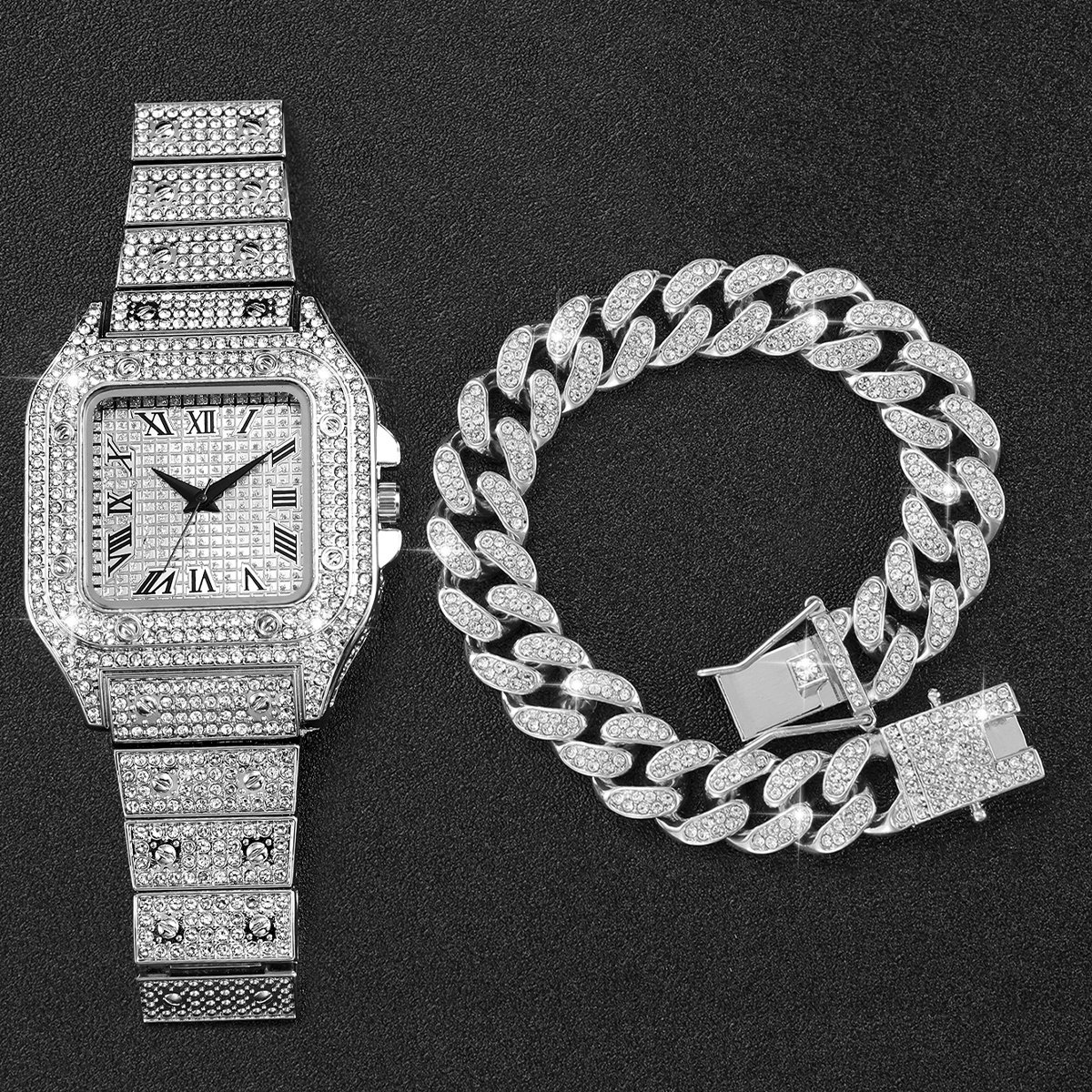 2PCS Iced Out Square Watch & C - Luxury Watch Uk avaliação e preço